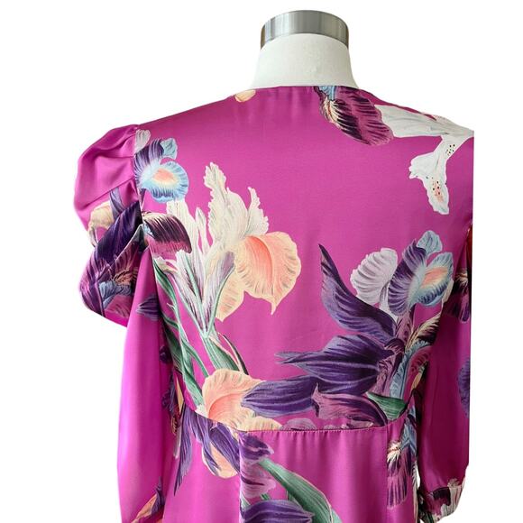 PATBO Grace Floral Dress Satin Puff Sleeve Midi Button Down Influencer US 6 - Picture 7 of 14